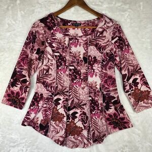 Ava & Grace Woman Top Small Pink Burgundy Floral Pintuck 3/4 Sleeve Blouse‎
